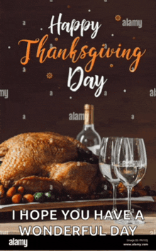 a happy thanksgiving day greeting card with a roasted turkey and wine glasses