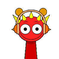 a cartoon drawing of a red monster wearing headphones and horns