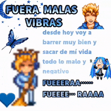 a picture of a boy and a girl with the words fuera malas vibras on the bottom