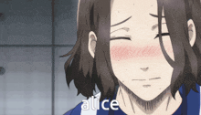 a close up of a girl 's face with the word alice in the corner