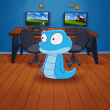 a cartoon of a lizard standing in front of a desk with two computer monitors