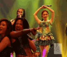 a group of women are dancing on a stage with a uk48 logo behind them