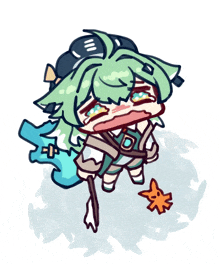a cartoon drawing of a person with green hair and a sword