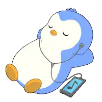 a cartoon penguin is listening to music on a phone