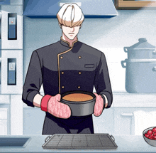 a man in a chef 's uniform is holding a pan of food in a kitchen