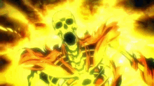 a skeleton is surrounded by fire and flames and is screaming .