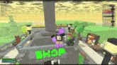 a screenshot of a video game with the word shop in green
