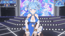a girl with blue hair is standing on a stage