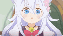 a girl with white hair and blue eyes is wearing a pink bow