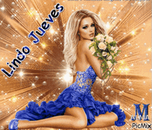 a woman in a blue dress is kneeling down holding a bouquet of flowers with the words lindo jueves written above her