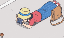a cartoon of a person laying on the ground taking a picture of a mushroom