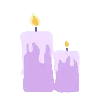 two purple candles with melting wax on them on a white background