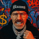 a man wearing glasses and a beanie with the word blazzard on it