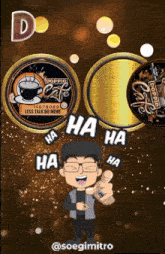 an ad for doppio cafe shows a man holding a microphone and laughing