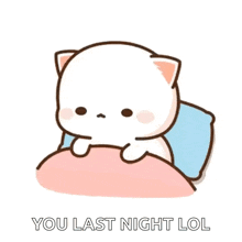a cartoon cat is sitting on a bed with a pillow and a blanket and says `` you last night lol '' .