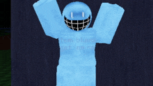 a blue cartoon character with a smiley face and the words " tem bluud get inn no " written on it