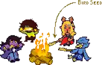a group of pixel art characters sitting around a fire .