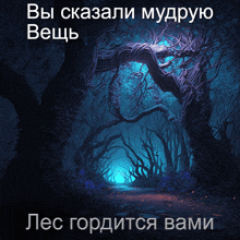 a picture of a dark forest with the words " вы сказали мудрую вещь " on it