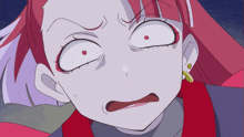 a close up of a person 's face with a surprised look on her face