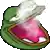 a pixel art of a frog with its mouth open and a pink object in its mouth .