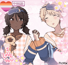 a girl holding a cat and a boy holding hands with the words i love you written on the bottom
