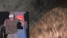 a man wearing a virtual reality headset is dancing in front of a screen that says ' setup ' on it