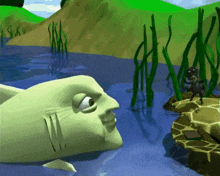 a computer generated image of a shark looking at a turtle in the water