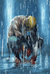 a painting of a man in a yellow mask kneeling in the rain