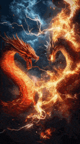 two dragons are fighting each other with fire and lightning behind them
