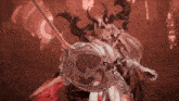 a woman with horns is holding a sword and a shield