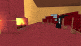 a room with red carpet and a fireplace with a person in a suit standing in front of it
