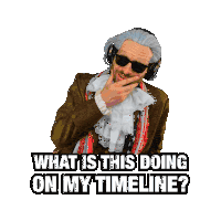a sticker of a man in a suit with the words " what is this doing on my timeline " on it