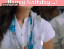 a woman with a scarf around her neck and the words happy birthday written on the bottom