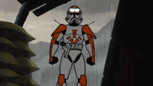 a cartoon drawing of a clone trooper with a helmet that has the letter t on it