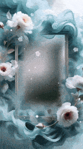a picture frame surrounded by white flowers and smoke
