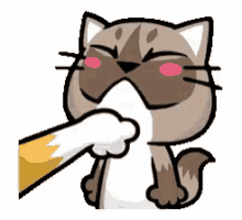 a cartoon cat is being petted by another cat 's paw