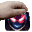 a hand is holding a piece of paper over a cartoon character 's face with red eyes .