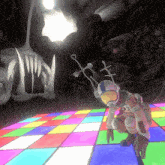 a cartoon character is standing on a colorful floor