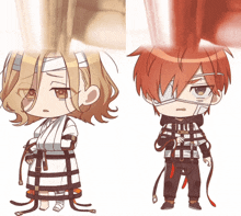 two anime characters with bandages on their heads and one has the word army on his shirt