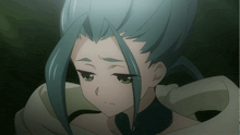 a girl with blue hair and green eyes looks down