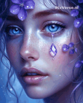 a painting of a woman with blue eyes and purple flowers on her head
