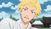 a yellow haired anime character with a white shirt and green eyes