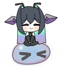a drawing of a girl sitting on a blob with a face drawn on it