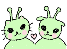 a drawing of a cat and a dog with a heart between them