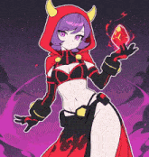 a girl with horns and a red cape holds a red crystal