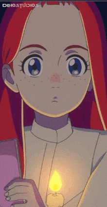 a drawing of a girl with red hair holding a candle with the words deio studios below her