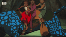 a group of people are riding on the back of a blue leopard with smoke coming out of it
