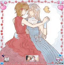 a picture of two women dancing with a picmix watermark