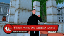 a man stands in front of a sign that says mercado viienda