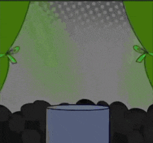a cartoon character is standing on a podium with a green screen on his head .